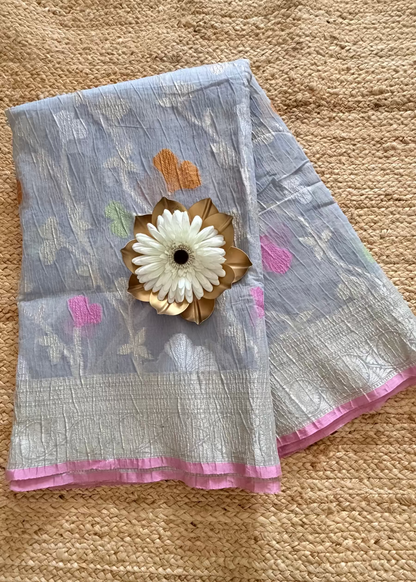 Grey and Pink Banarasi Crushed Cotton Silk Saree - Banaras