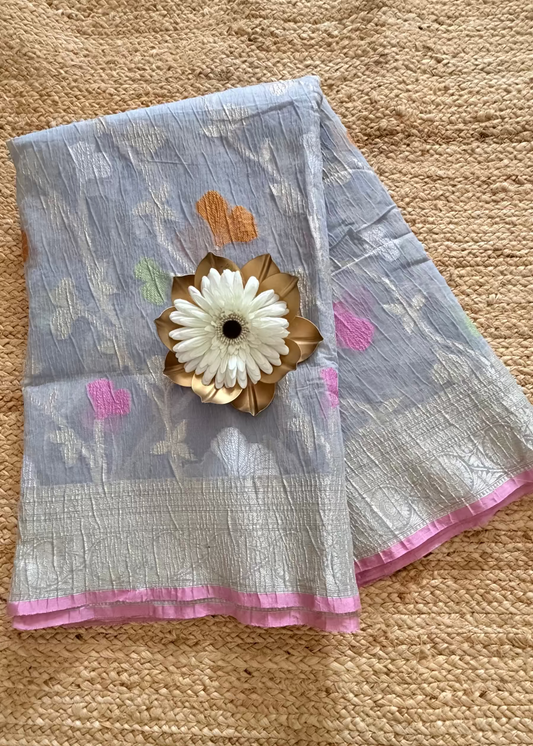 Grey and Pink Banarasi Crushed Cotton Silk Saree - Banaras