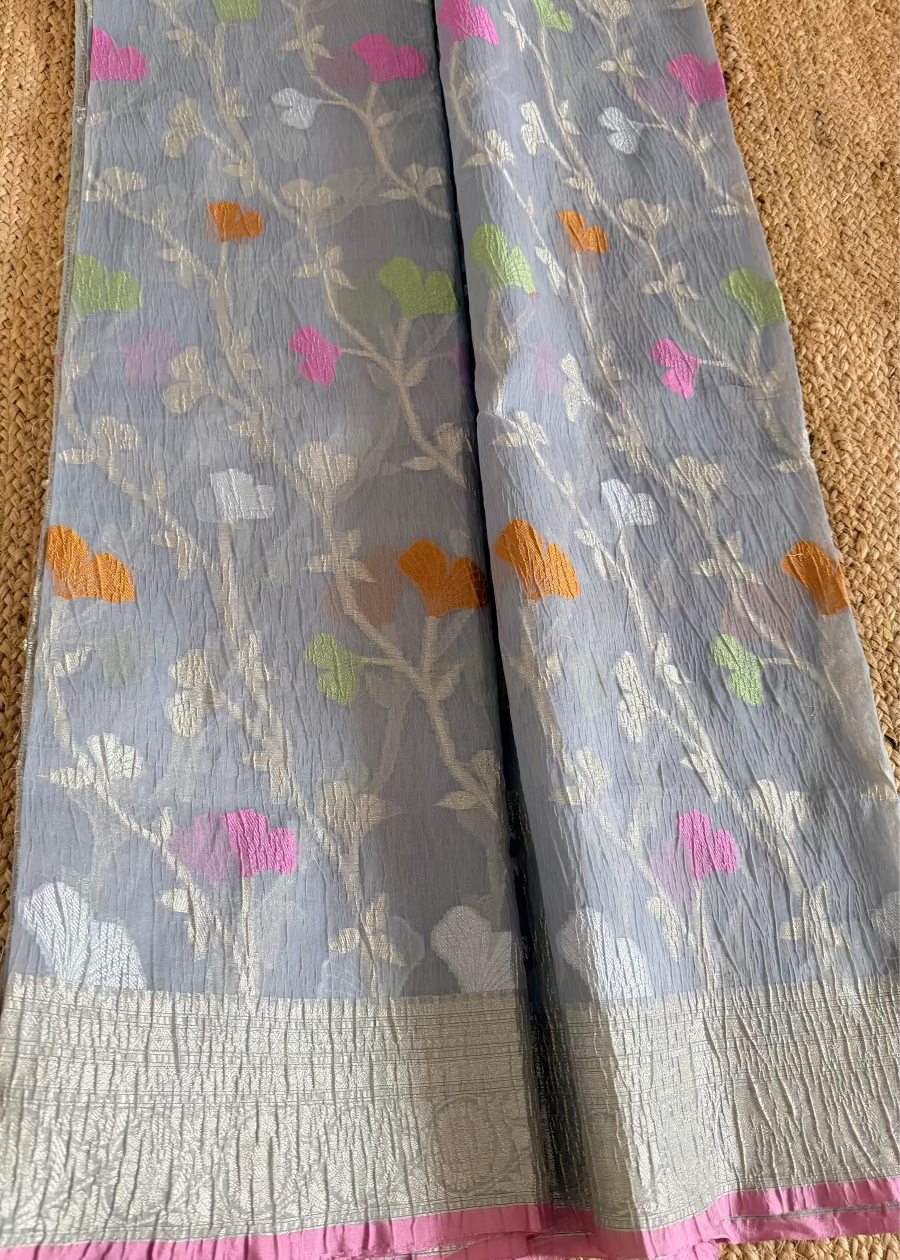 Grey and Pink Banarasi Crushed Cotton Silk Saree - Banaras