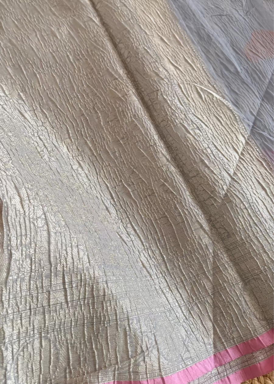 Grey and Pink Banarasi Crushed Cotton Silk Saree - Banaras
