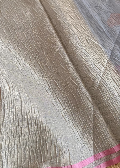 Grey and Pink Banarasi Crushed Cotton Silk Saree - Banaras