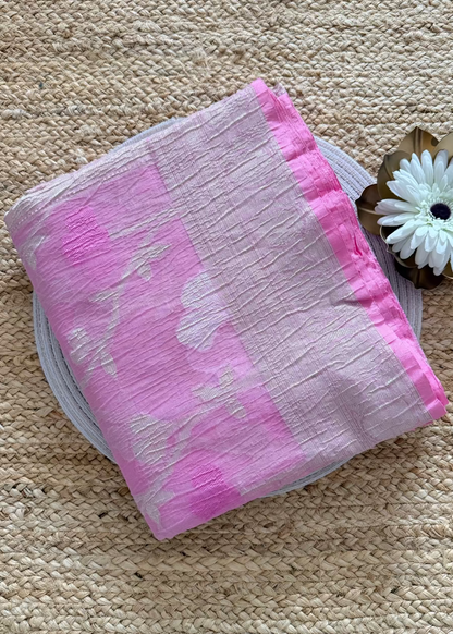 Pink and White Banarasi Crushed Cottonsilk Saree - Banaras