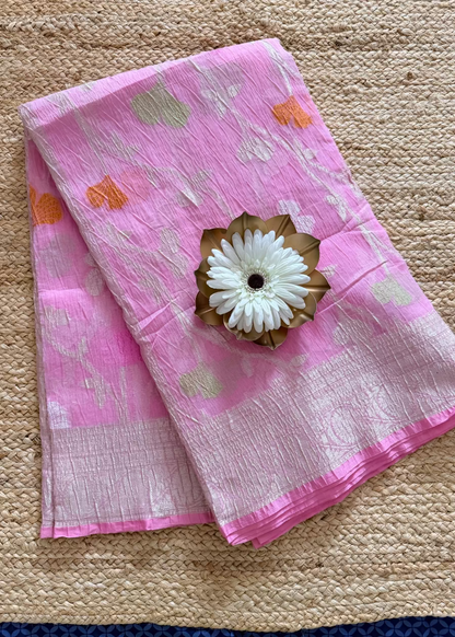 Pink and White Banarasi Crushed Cottonsilk Saree - Banaras