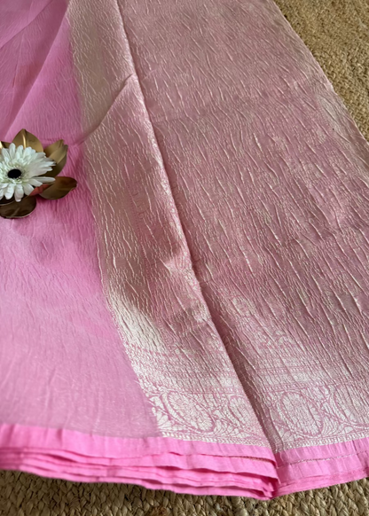 Pink and White Banarasi Crushed Cottonsilk Saree - Banaras