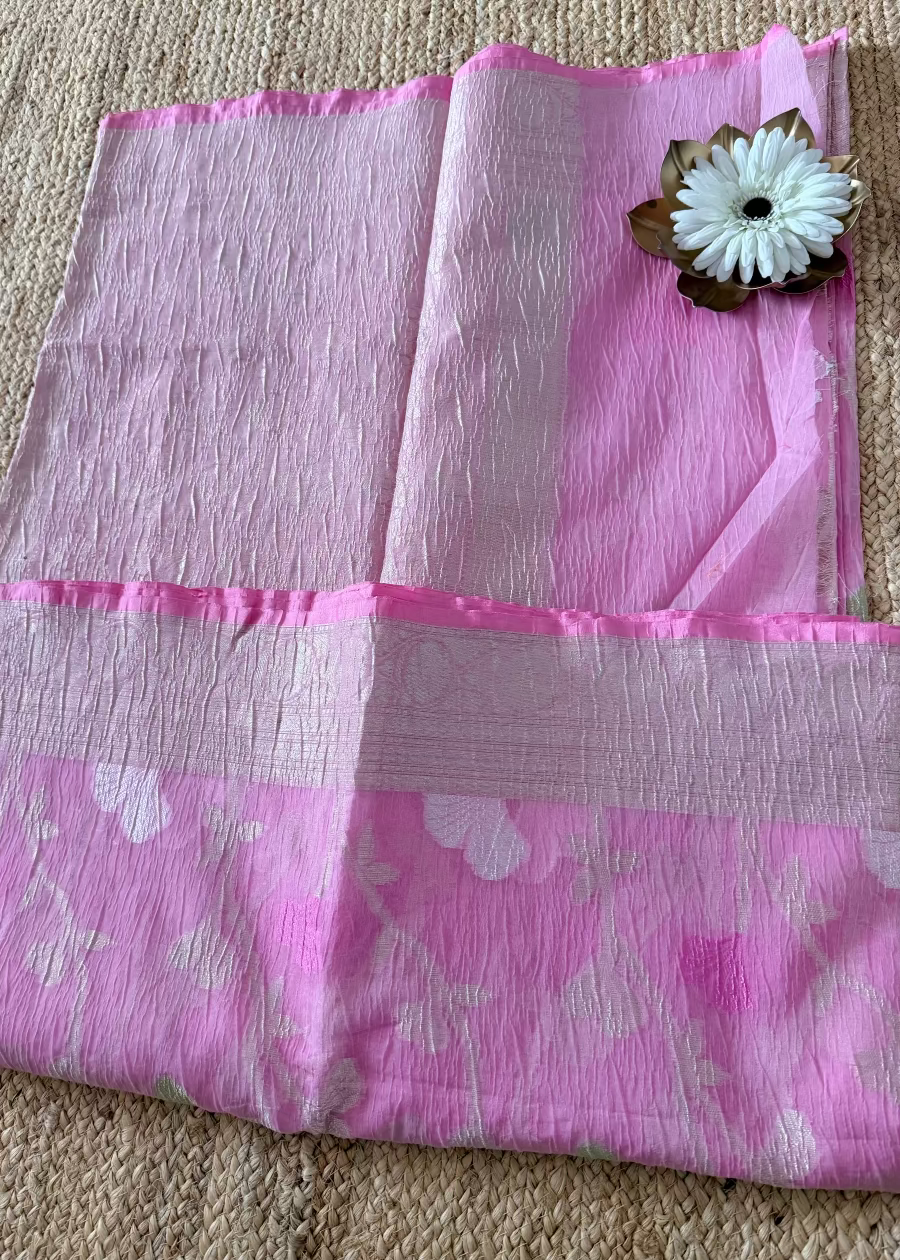 Pink and White Banarasi Crushed Cottonsilk Saree - Banaras