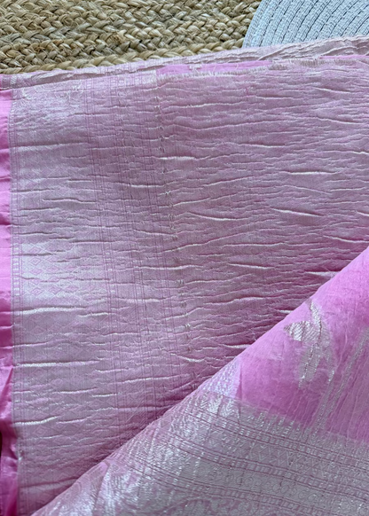 Pink and White Banarasi Crushed Cottonsilk Saree - Banaras