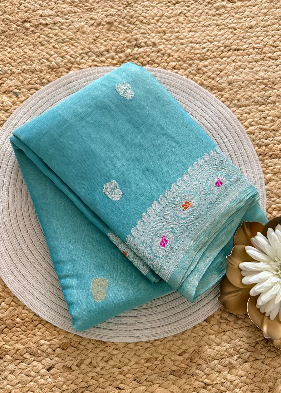 Turquoise Blue Pure Tissue Chiffon Silk Saree- Banaras