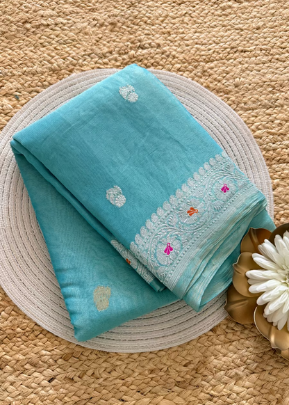 Turquoise Blue Pure Tissue Chiffon Silk Saree- Banaras