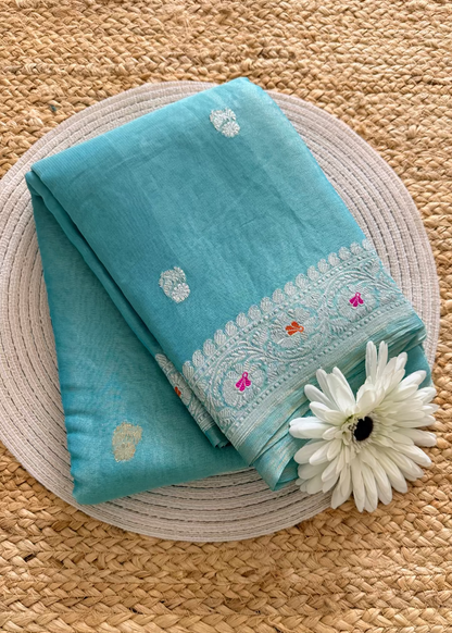 Turquoise Blue Pure Tissue Chiffon Silk Saree- Banaras