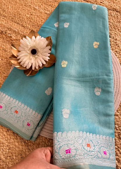Turquoise Blue Pure Tissue Chiffon Silk Saree- Banaras