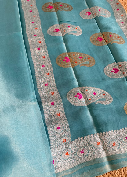 Turquoise Blue Pure Tissue Chiffon Silk Saree- Banaras