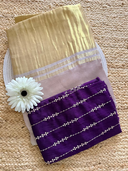 Beige And Golden Pure Modal Silk Saree- Gujarat