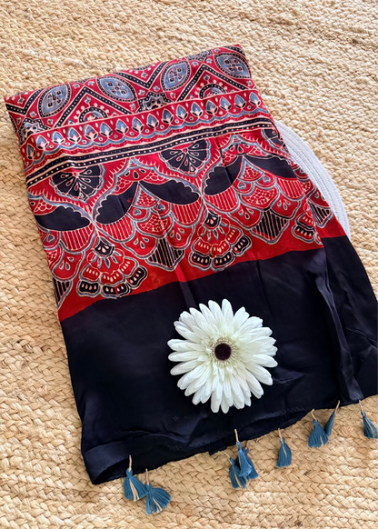 Black & Red Pure Modal Silk Saree- Gujarat