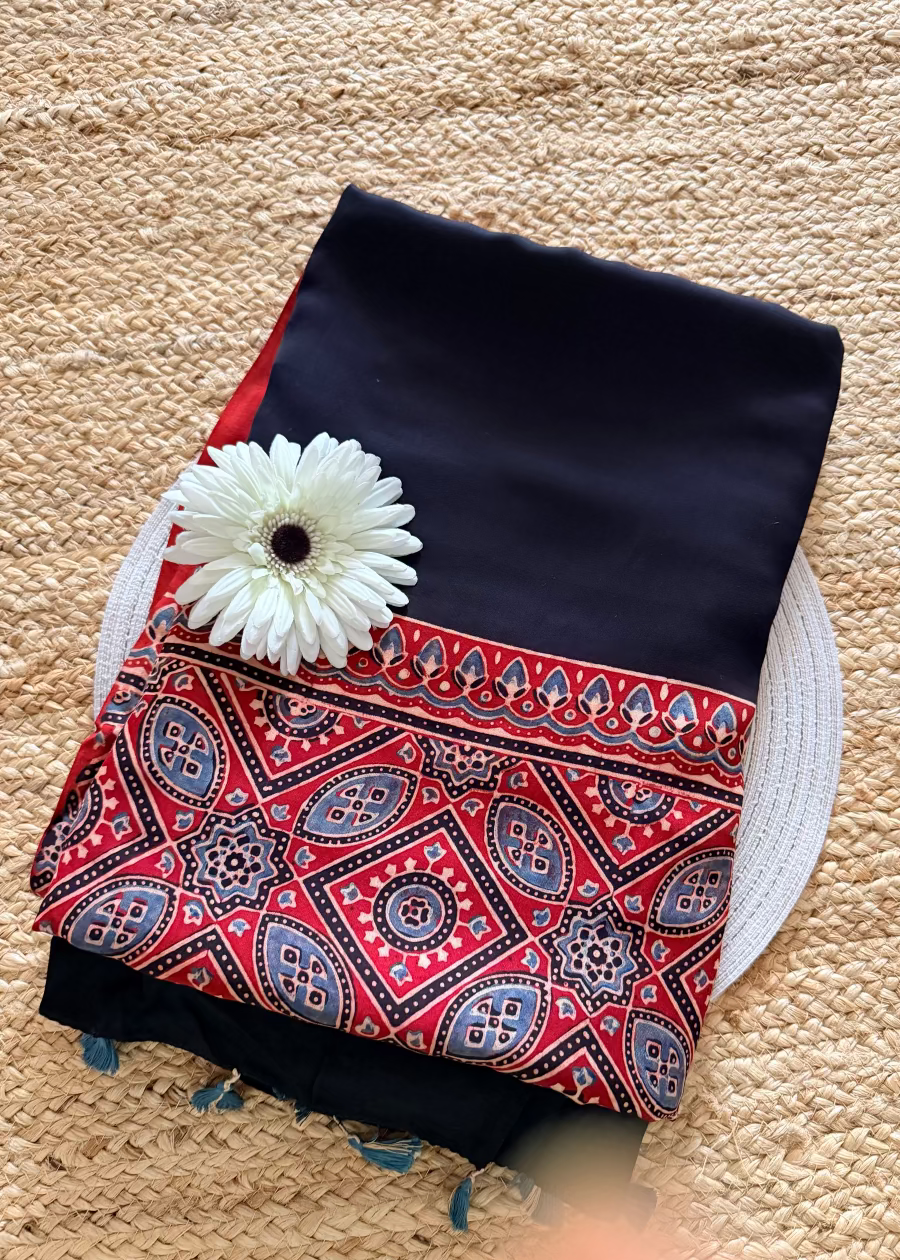 Black & Red Pure Modal Silk Saree- Gujarat