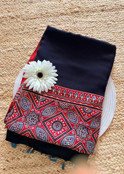 Black & Red Pure Modal Silk Saree- Gujarat