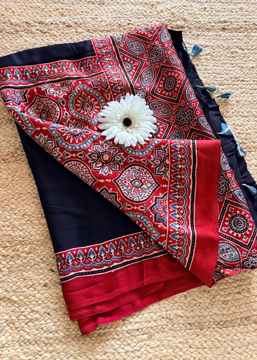 Black & Red Pure Modal Silk Saree- Gujarat