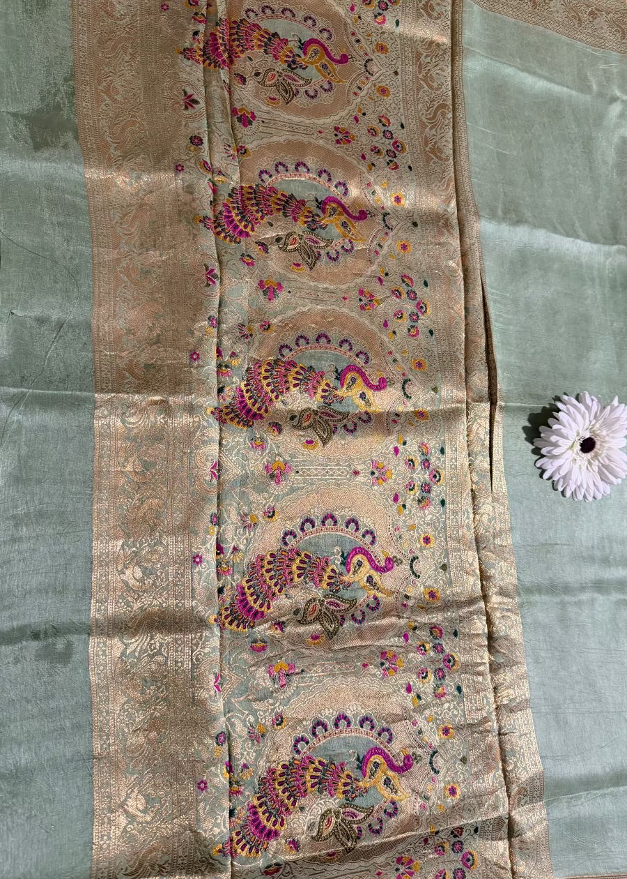 Light Sage Green Dola Silk Saree- Gujarat