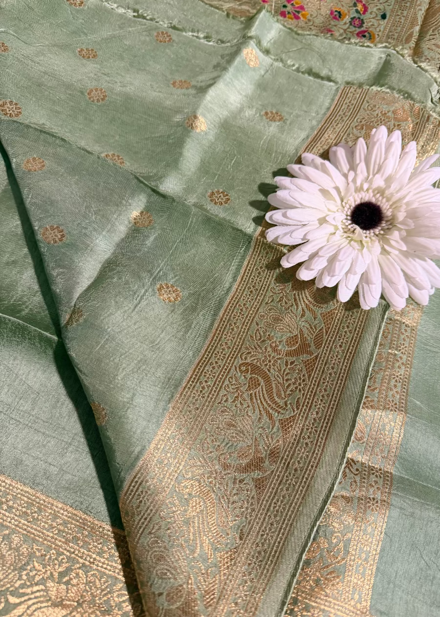 Light Sage Green Dola Silk Saree- Gujarat