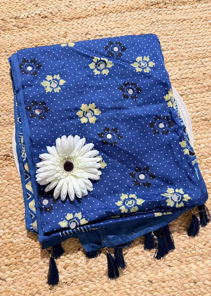 Blue  Pure Modal Silk Saree With Mirror Work- Gujarat