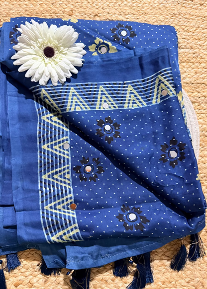 Blue  Pure Modal Silk Saree With Mirror Work- Gujarat