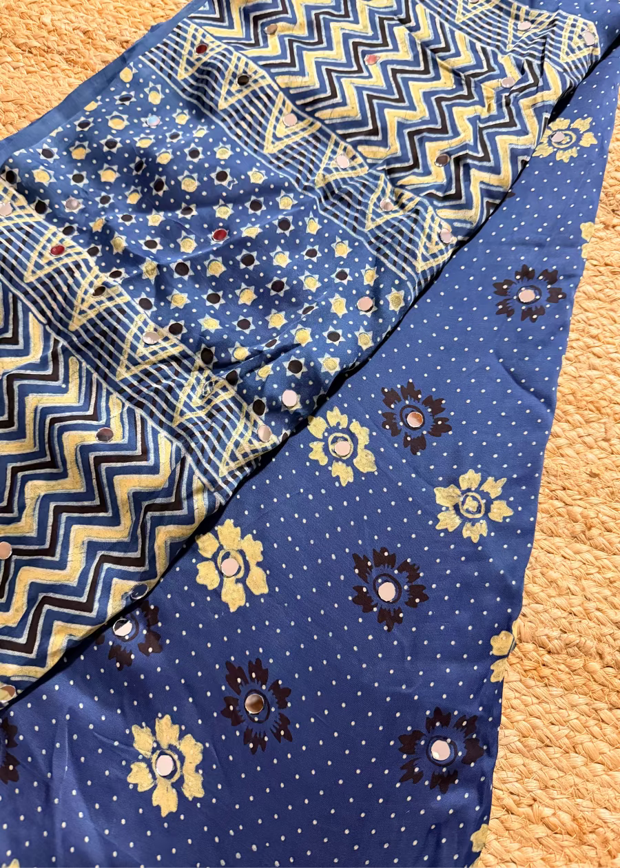 Blue  Pure Modal Silk Saree With Mirror Work- Gujarat