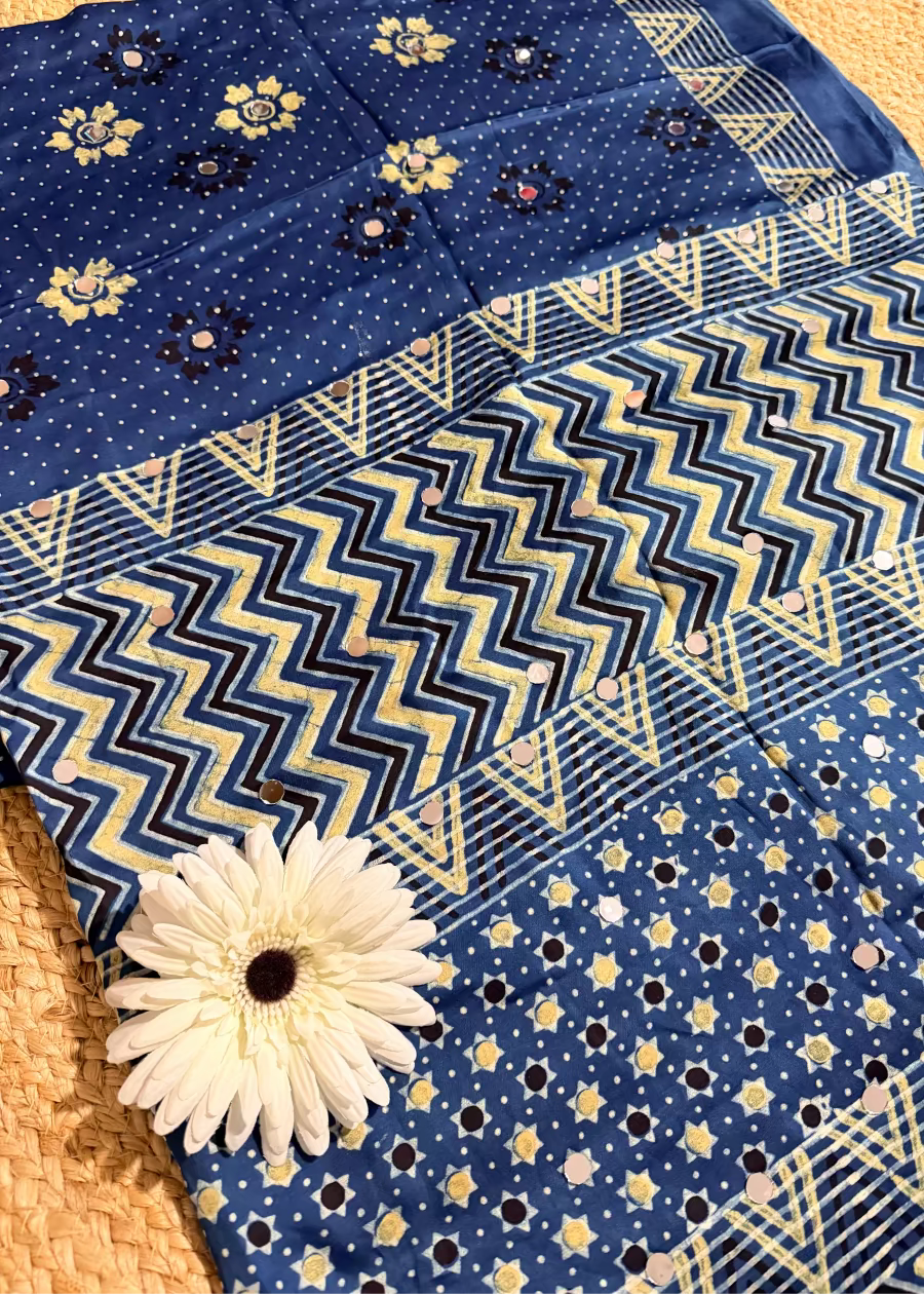 Blue  Pure Modal Silk Saree With Mirror Work- Gujarat