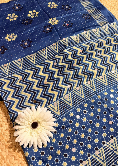 Blue  Pure Modal Silk Saree With Mirror Work- Gujarat