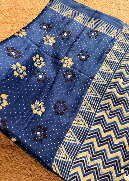 Blue  Pure Modal Silk Saree With Mirror Work- Gujarat