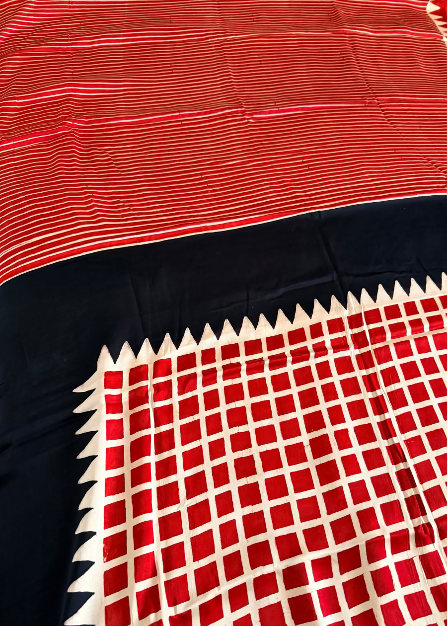 Red and Black Pure Modal Silk Saree- Gujarat