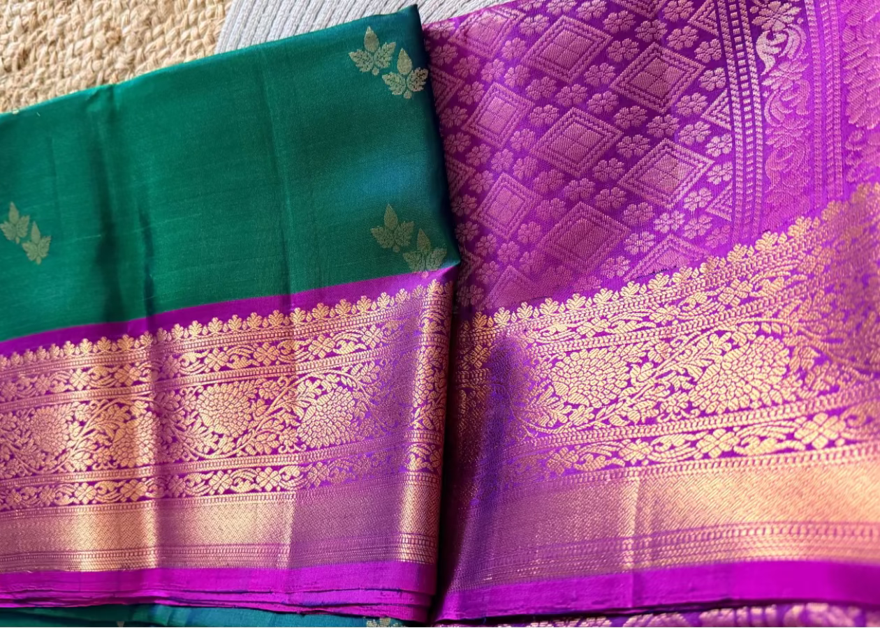 Bottle Green and Wine Pure Soft Silk Saree- TN