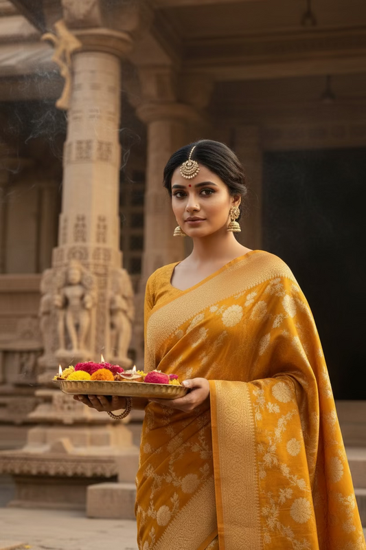 Golden Yellow Jal Banarasee Saree - Banaras