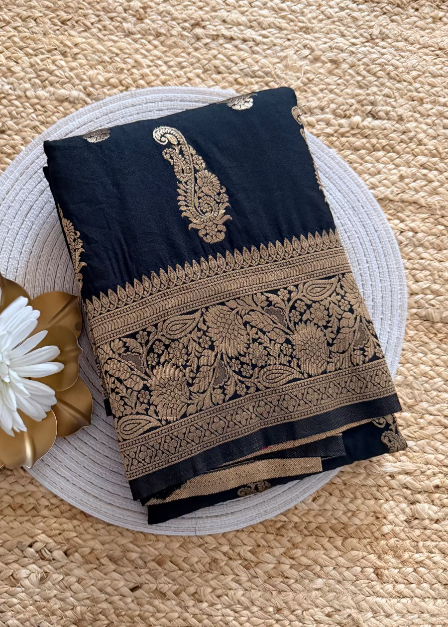Black and Rani Pink Banarasi Soft Silk Saree - Banaras