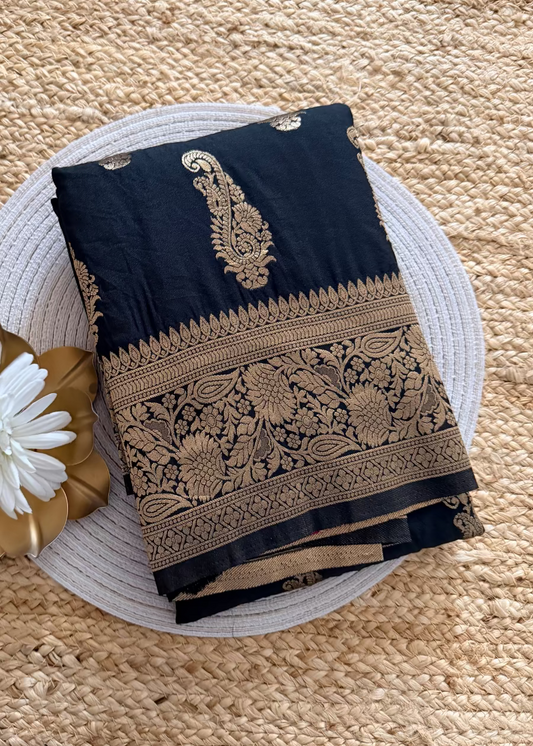 Black and Rani Pink Banarasi Soft Silk Saree - Banaras