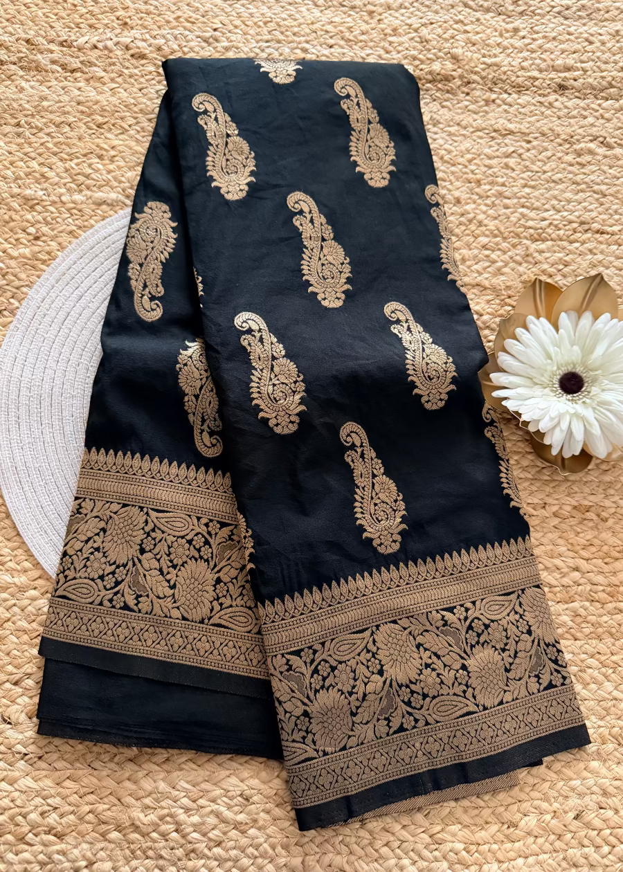 Black and Rani Pink Banarasi Soft Silk Saree - Banaras