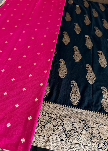 Black and Rani Pink Banarasi Soft Silk Saree - Banaras