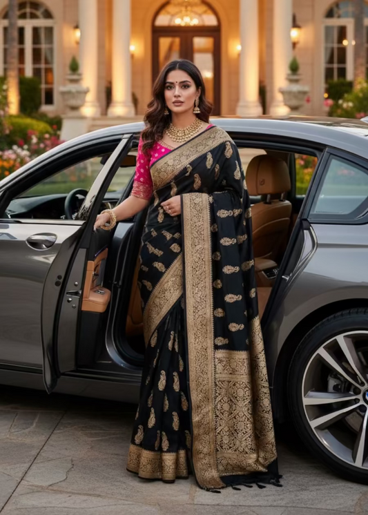 Black and Rani Pink Banarasi Soft Silk Saree - Banaras