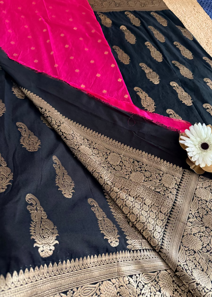 Black and Rani Pink Banarasi Soft Silk Saree - Banaras