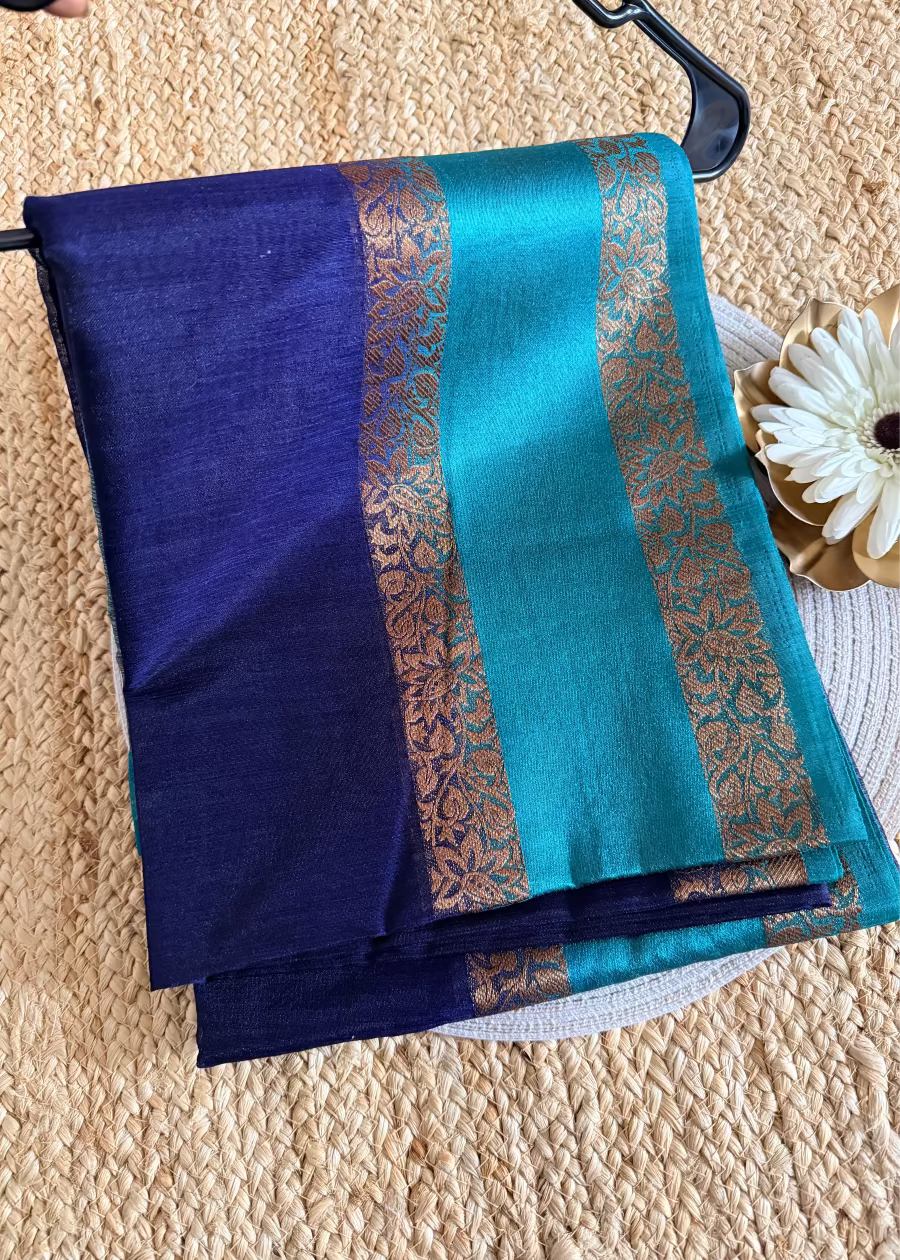 Navy and Turquoise Blue Semi Linen Saree - Banaras