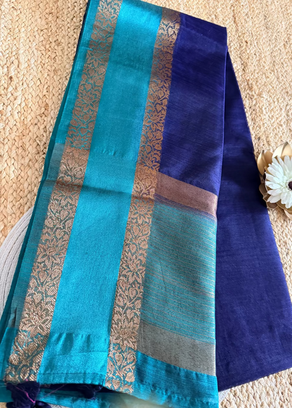 Navy and Turquoise Blue Semi Linen Saree - Banaras