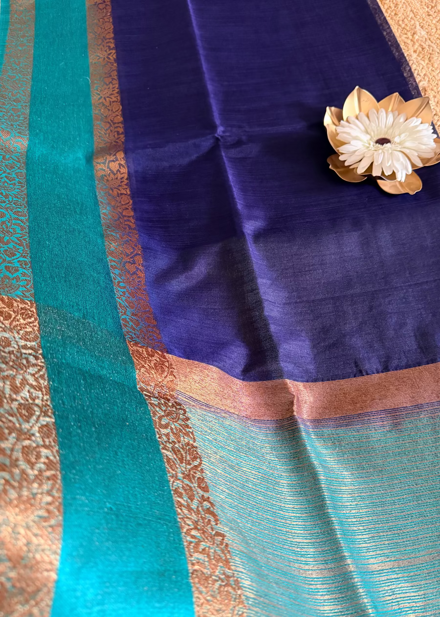 Navy and Turquoise Blue Semi Linen Saree - Banaras