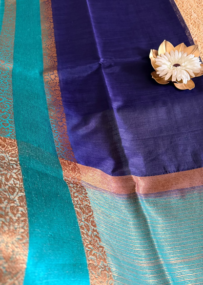 Navy and Turquoise Blue Semi Linen Saree - Banaras
