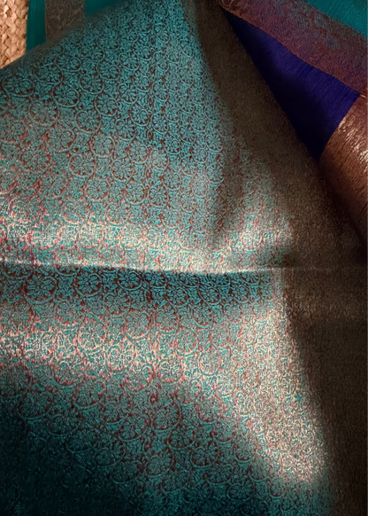 Navy and Turquoise Blue Semi Linen Saree - Banaras