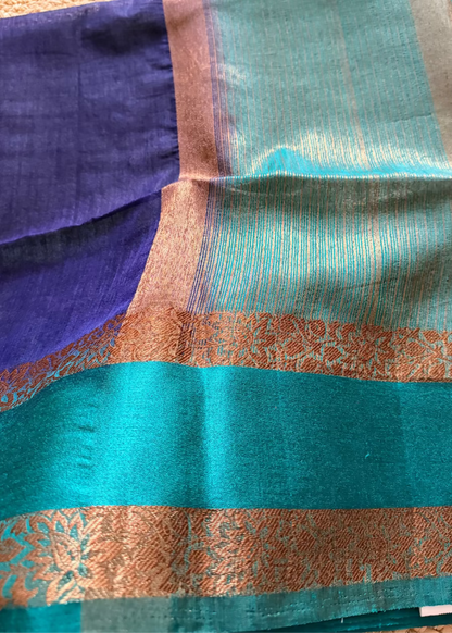 Navy and Turquoise Blue Semi Linen Saree - Banaras