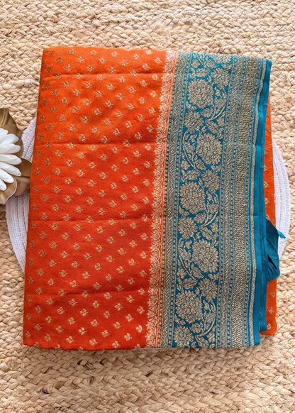 Sunset Orange and Teal Green Banarasi Crepe Silk Saree - Banaras