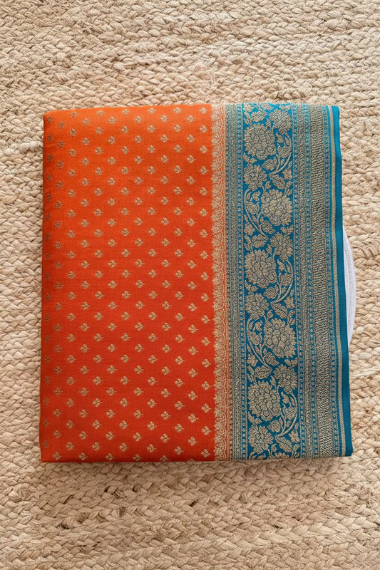 Sunset Orange and Teal Green Banarasi Crepe Silk Saree - Banaras