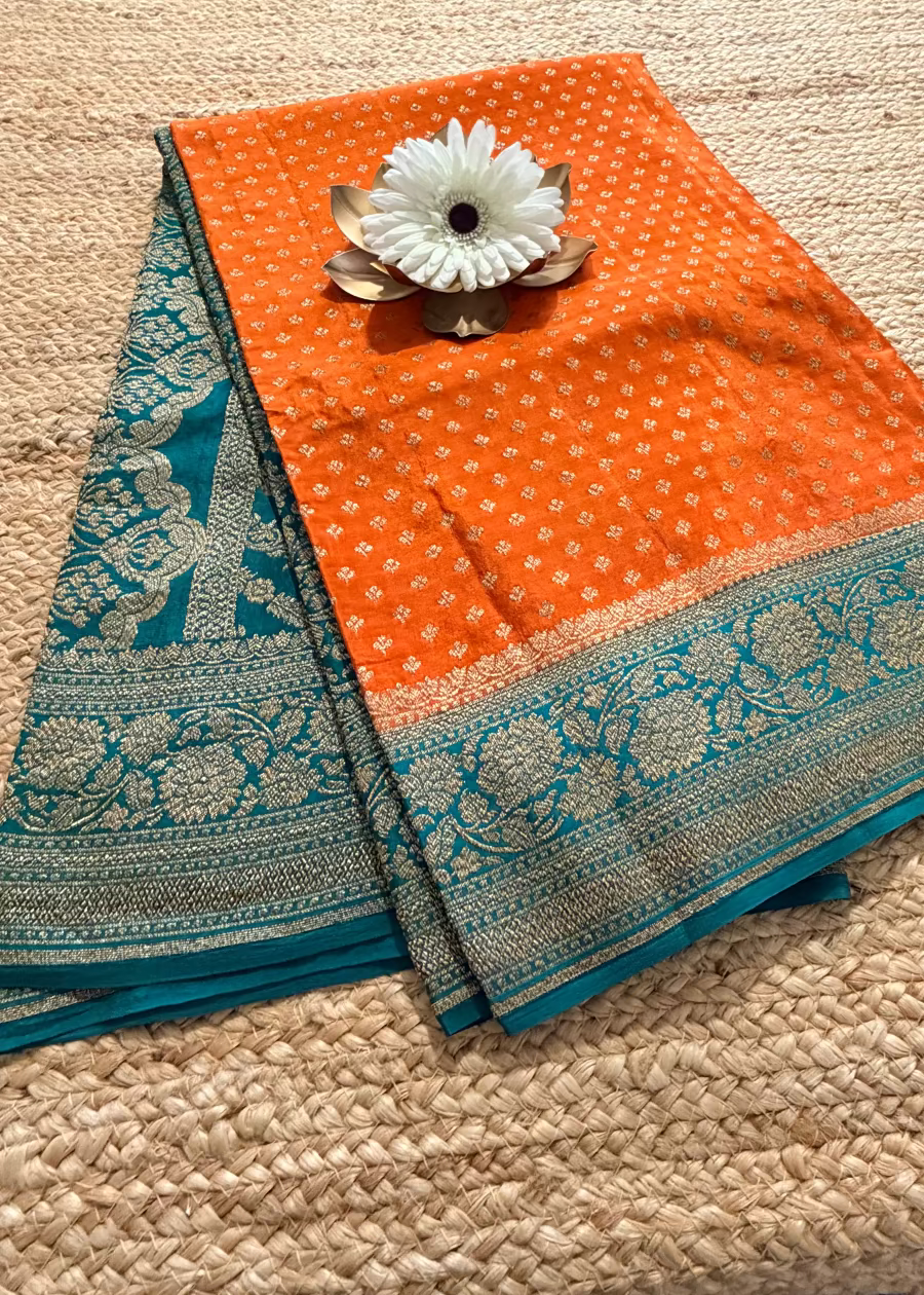 Sunset Orange and Teal Green Banarasi Crepe Silk Saree - Banaras