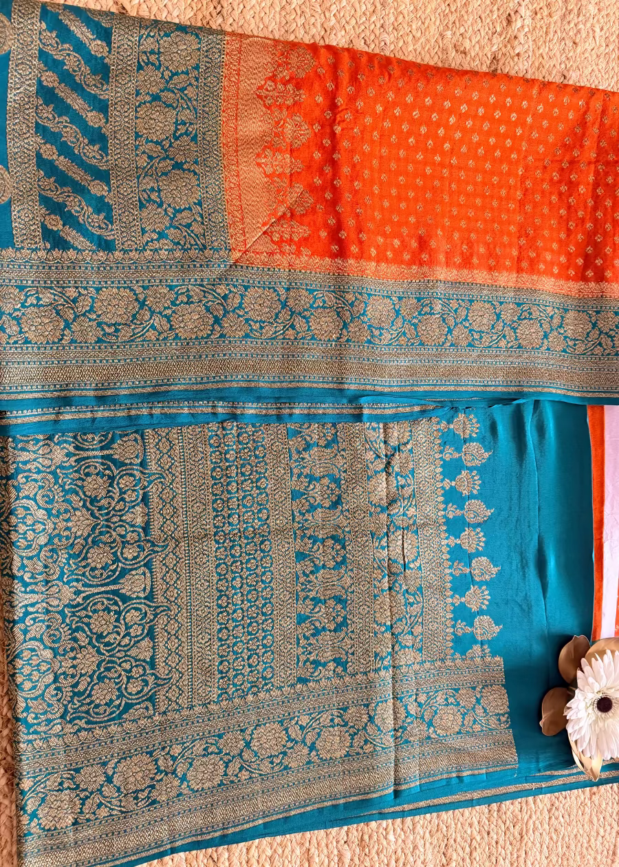 Sunset Orange and Teal Green Banarasi Crepe Silk Saree - Banaras