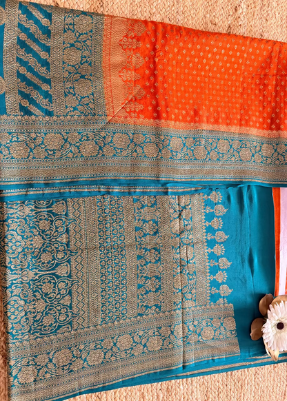 Sunset Orange and Teal Green Banarasi Crepe Silk Saree - Banaras