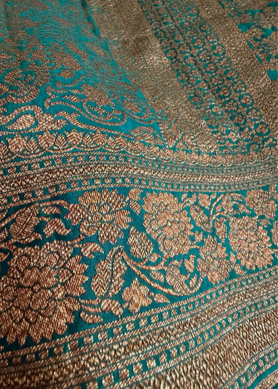 Sunset Orange and Teal Green Banarasi Crepe Silk Saree - Banaras