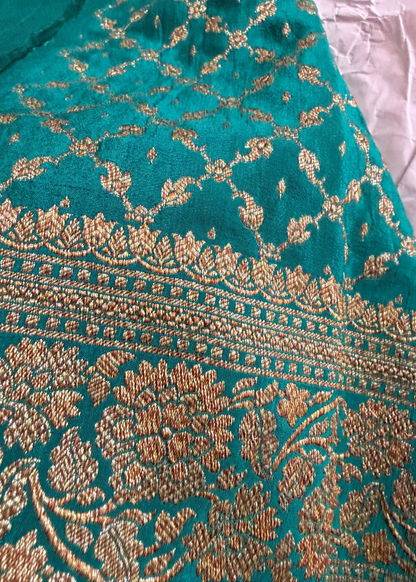 Sunset Orange and Teal Green Banarasi Crepe Silk Saree - Banaras